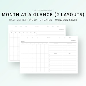 Planificador mensual sin fecha, con forma de media letra, imprimible, hoja de resumen mensual con calendario, lista de tareas pendientes, resumen del mes, descarga digital