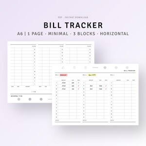 Op de afbeelding: Een printbare factuurtracker met drie secties met de labels "Internet", "Gym (PT)" en "Factuur". Elke sectie heeft kolommen voor bedrag, vervaldatum en betaald. De tracker is ontworpen voor A6-formaat papier en heeft een minimalistische stijl.