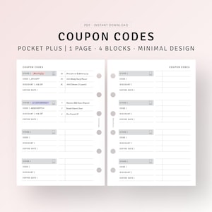 Può includere: Un organizzatore di codici coupon stampabile con quattro sezioni per organizzare i coupon. Ogni sezione ha campi per il nome del negozio, il codice coupon, lo sconto e la data di scadenza. La pagina è progettata per un'agenda tascabile.
