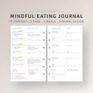 Op de afbeelding: Een zwart-witte printbare journalpagina met de titel "Mindful Eating Journal" en een sectie om maaltijden bij te houden, inclusief wat er gegeten is, hoe de persoon zich voor en na het eten voelde, en een samenvatting van de maaltijd. De journalpagina is ontworpen voor een compacte planner.