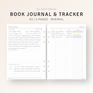 Inserti A5 / Diario di lettura Registro dei libri stampabile, Foglio di sfida di lettura, Diario di recensione del libro, Tracker minimalista per scaffali di libri, Download digitale