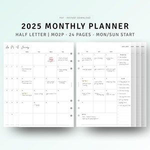 Planificador mensual 2025 imprimible con fecha, resumen mensual, organizador de horarios, MO2P, insertos de tamaño medio, descarga digital en PDF