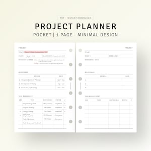 May include: A black and white printable project planner with a minimalist design. The planner includes sections for project title, start and deadline dates, resources, milestones, details, and task management. The task management section includes columns for task, responsible person, status, and a checkmark.