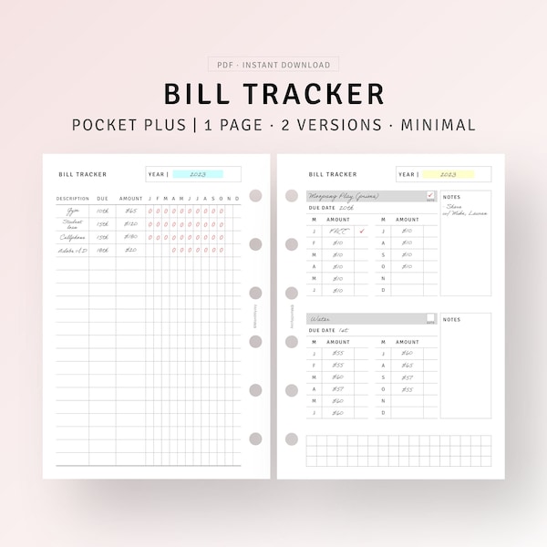 Monthly Bill Tracker Printable Pocket Plus Inserts, Finance Planner, Bill Due Budget Calendar Template, Money Expense Log, Instant Download