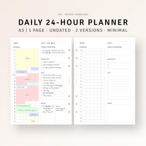 May include: A printable daily planner featuring a 24-hour schedule, a to-do list, and a notes section. The planner is designed in a minimalist style with a light grey background and black text. The planner is undated and can be used for any day of the year.