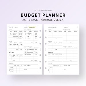 Monthly Budget Planner A6 Inserts Printable Income Expense Tracker, Money Spending Log, Personal Finance, Bill Template, Digital Download