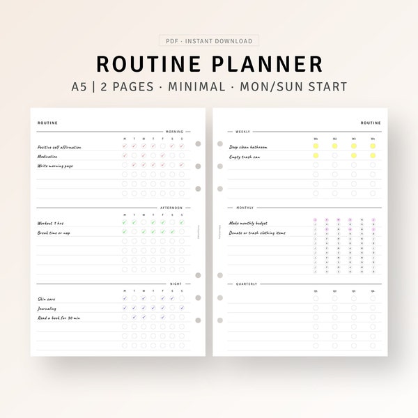 Routine Planner Printable A5 Planner Inserts, Morning Night Routine Tracker, Weekly Routine Checklist, Habit Log Worksheet, Daily Rituals