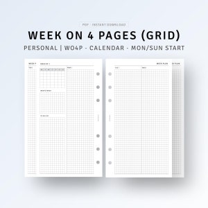 May include: A printable PDF planner template for a week on four pages. The template is designed for personal use and features a grid layout. The planner starts on Monday and ends on Sunday.