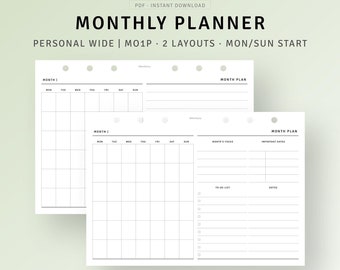 Monthly Planner Pages Printable Personal Wide Inserts, Month on 1 Page, To do list, Monthly Overview Horizontal Layout, Instant Download PDF