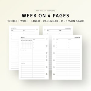 Week on 4 Pages Printable Week Schedule Organizer, Productivity Planner, Undated Weekly Planner Template Pocket Size, Digital Download PDF