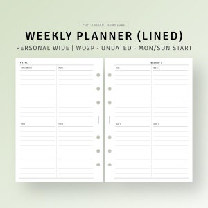 Personal Wide, Minimal Weekly Planner Inserts Printable Weekly Agenda Organizer, WO2P with Lined Notes, Weekly Journal, Digital Download PDF