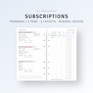 Personal Ring, Subscription Tracker Printable Inserts, Membership Template, Bill Organizer, Payment Budget Checklist, Digital Download PDF