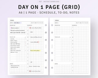 May include: A printable A6 daily planner page with a grid layout. The page is divided into sections for schedule, to-do list, and notes. The date is 22nd March. The schedule section has a column for each day of the week. The to-do list section has a check box for each item. The notes section is a blank grid.