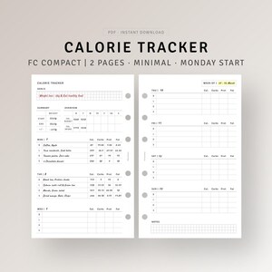 May include: A black and white printable calorie tracker planner with a minimalist design. The planner is for a week starting on Monday and includes sections for daily calorie, carbohydrate, protein, and fat intake. The planner also includes a section for notes.
