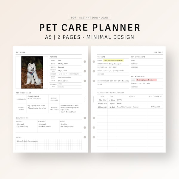 Pet Care Planner Inserts A5 Printable, Puppy Health Tracker Planner, Dog Growth Journal, Cat Planner, Pet Vaccination Information Organizer