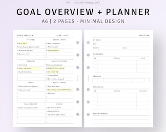 May include: A black and white printable goal planner with a minimalist design. The planner is divided into sections for personal, career, financial, health, family, relationships, and other goals. The planner includes sections for setting goals, milestones, action plans, and reviews.