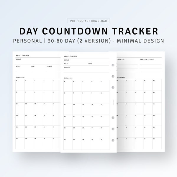 Compte à rebours de 30 jours Inserts de taille personnelle imprimables, compte à rebours de 60 jours pour les vacances, la retraite, le mariage, Noël, le journal des défis d'habitudes