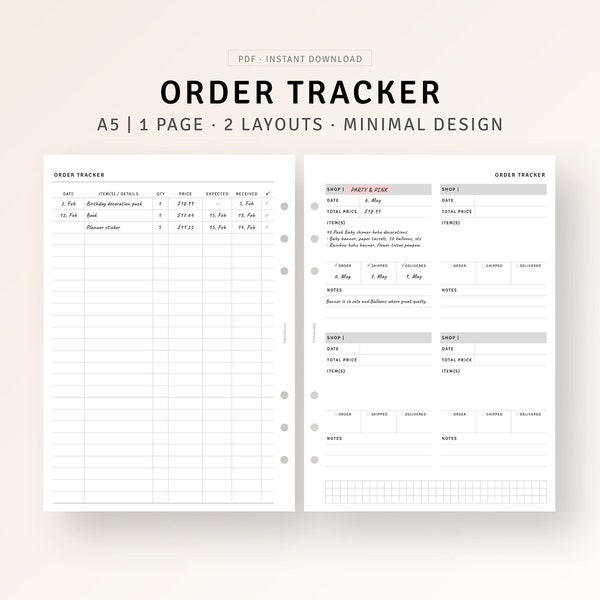 Online Order Tracker A5 Printable Planner Einlagen, Shopping Tracker, Weihnachtsgeschenk Einkaufsliste, Kauf Log, Spending Tracker Vorlage