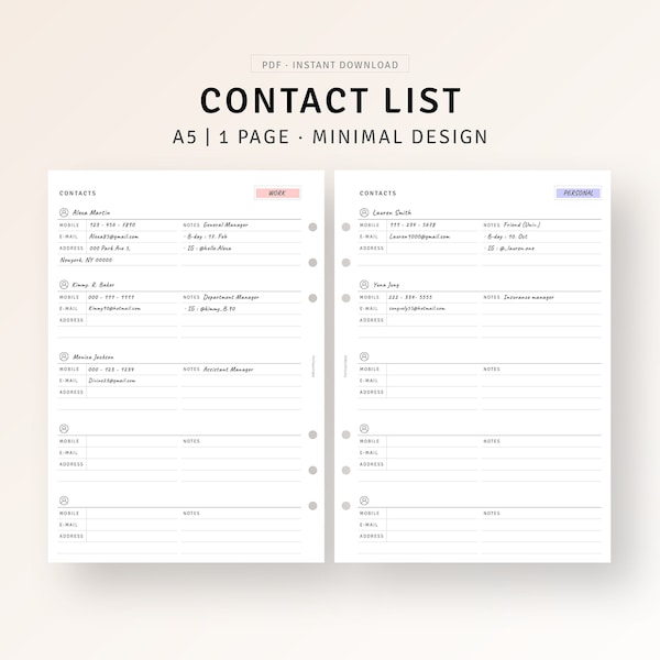 A5 Inserts | Contacts List Printable Small Business Contact Page, Emergency Contact Information Planner, Work Email List Address Book Log