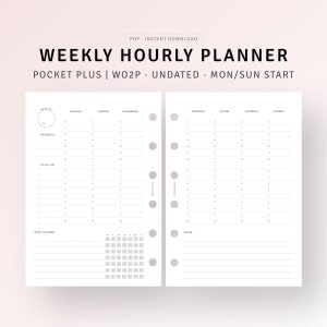 Undated Weekly Hourly Planner Printable Pocket Plus Ring, Schedule Organizer, Week on 2 Pages, Time Blocking Template PDF, Digital Download