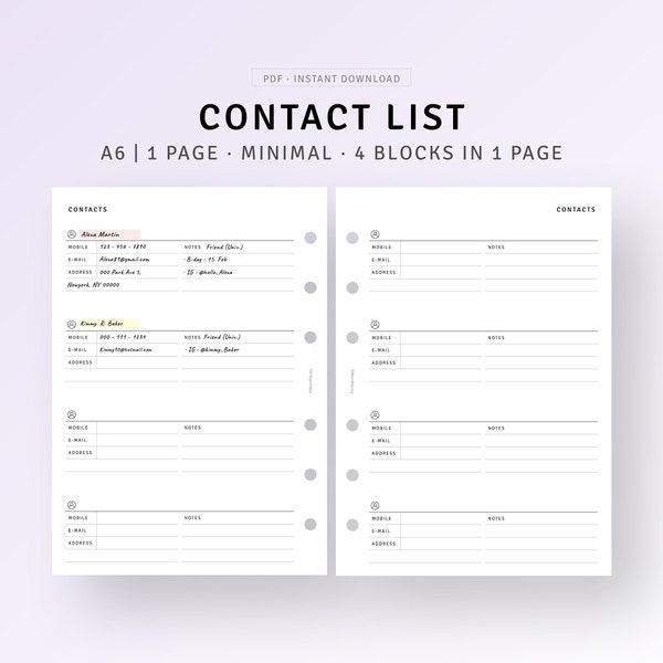 A6 Inserts, Contacts List Template Printable Emergency Contacts Phone Number List, Important Contact Info Sheet, Email Address Book Log