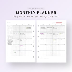 Planificador mensual sin fecha con insertos de calendario A6, mes imprimible en 2 páginas, lista de tareas, hoja de resumen mensual estilo vagabundo, descarga digital