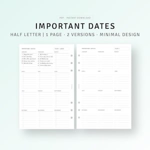 May include: A printable planner page with two versions of a monthly calendar for important dates. The first version includes a year and the second version has a blank space for the year. Both versions have a list of months from January to December.