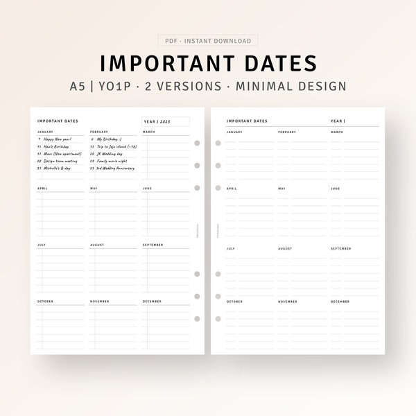 Jaarlijkse belangrijke data Afdrukbare A5 Planner Inserts, Verjaardagsfeestjes Jubilea Tracker Sjabloon Jaarlijks evenementoverzicht, Jaar in één oogopslag