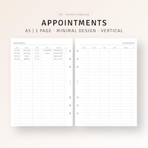 Könnte beinhalten: Eine druckbare A5-Planerseite im Hochformat. Die Seite ist in Spalten für Datum, Ort, Uhrzeit, mit, Details und ein Kontrollkästchen unterteilt. Die Seite ist für Termine und Planung konzipiert.