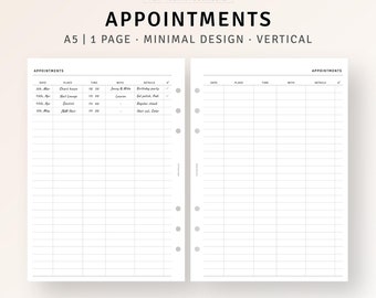 Appointments Tracker A5 Planner Printable Inserts, Appointment Planner, Work Meeting Agenda List, Beauty Appointment Reminder, Booking List