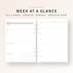 Planificador semanal A5 imprimible, semana en 2 páginas, organizador de agenda con objetivos semanales sin fecha, lista de tareas pendientes, planificador de productividad, descarga digital en formato PDF