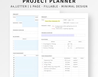 Planificador de proyectos, plantillas para imprimir en formato A4 o carta, plantilla para la gestión de proyectos, descripción general de la agenda del proyecto, cronograma, descarga instantánea