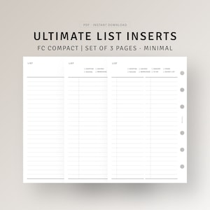 Liste Tracker druckbare FC kompakte Einsätze, Lebensmittel Einkauf Wunschliste, Packliste, täglich wöchentlich monatlich To do Liste, digitaler Download PDF