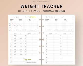 May include: A printable weight tracker for a HP Mini planner. The tracker has a graph for tracking weight over time, a table for recording daily weight, and a notes section. The tracker is designed for January 2023.