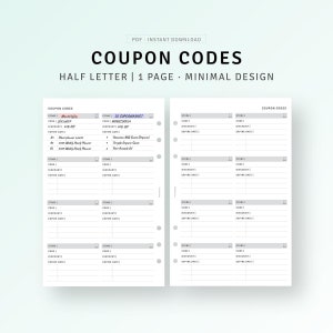 Planificador de cupones, insertos imprimibles de media carta, plantilla de registro de descuentos de compras, organizador de códigos de cupones de venta de tiendas, descarga digital