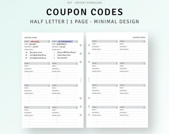 Coupon Codes Tracker FC Compact Inserts Printable Shopping Discount Code Tracker Template, Store Sale Coupon Code Checklist Organizer
