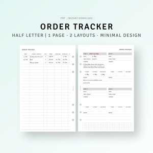 May include: A printable order tracker with two layouts. The first layout has columns for date, item details, quantity, price, expected date, and received date. The second layout has two sections for tracking orders from different shops. Each section has columns for date, shop name, total price, items, order, shipped, and delivered. The tracker is designed for small businesses and includes space for notes.