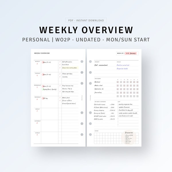 Personal, Week on 2 Pages Printable Undated Weekly Overview, Productivity Planner, Schedule Organizer, Weekly Money Tracker Instant Download