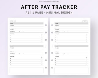 After Pay Tracker A6 Planner Inserts Printable Payment Reminder, Personal Finance Spending Tracker, After Payment Template, Digital Download