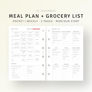 Puede incluir: Una plantilla imprimible de planificador de comidas y lista de la compra. La plantilla está diseñada para un plan de comidas semanal e incluye secciones para el desayuno, el almuerzo, la cena, los refrigerios y las compras. La lista de la compra está dividida en categorías como carne y marisco, frutas y verduras, panadería y delicatessen, lácteos, congelados, aperitivos y bebidas, despensa, hogar y otros.