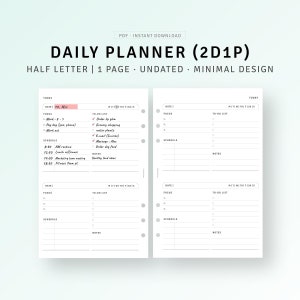 Plantillas imprimibles de media carta para 2 días en 1 página, planificador diario sin fecha en formato PDF, organizador de agenda diaria, lista de tareas pendientes, plantilla de hoja de horario diario