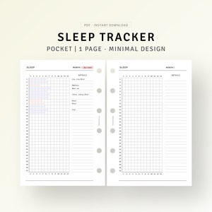 Slaaptracker pocketring inzetstukken afdrukbare slaaplogboek grafieksjabloon, gezondheidsplanner, maandelijkse slaapcirkelanalyse dagboek digitale download