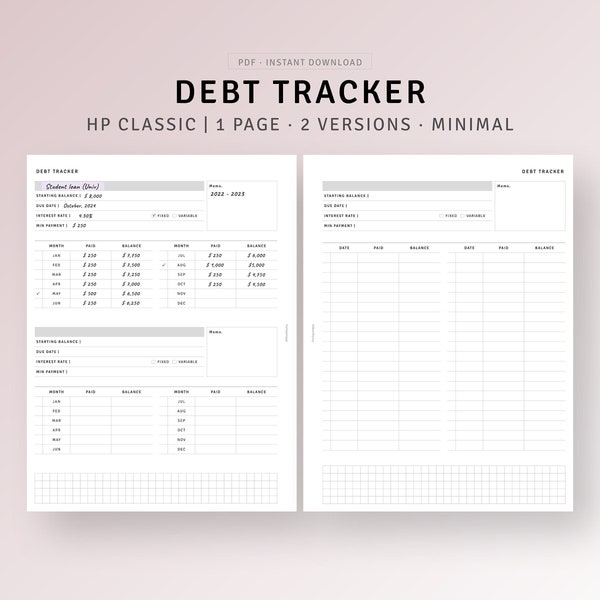 Debt Zahlung Tracker druckbare HP Classic Einlagen, Studentendarlehen Payoff, Debt Snowball Vorlage, Kreditkarte Debt Planner, Mortgage Journal