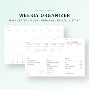 Inserções de meia carta para impressão do organizador semanal sem data, lista de tarefas semanais, planejador de produtividade, visão geral do planejamento semanal, layout horizontal