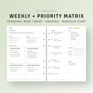 Op de afbeelding: Een weekplanner met een prioriteitenmatrix. De planner heeft een witte achtergrond met zwarte tekst en een roze accentkleur. De planner is niet gedateerd en begint op maandag en eindigt op zondag. De planner bevat secties voor wekelijkse affirmaties, focus, doelen, agenda, lijst, tracker en notities.