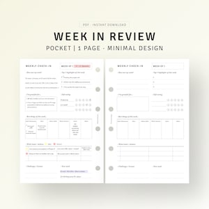 May include: A printable weekly planner with a minimalist design. The planner includes sections for weekly check-in, top highlights, self-rating, best things of the week, work goals, challenges, and next week. The planner is designed for pocket use and is one page long.