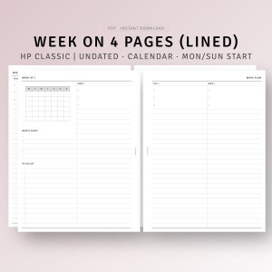 May include: A printable planner page with the text "WEEK ON 4 PAGES (LINED)". The pages are white with black lines and text. The layout includes a weekly calendar, a section for the week's focus, and a to-do list.