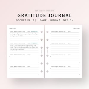 May include: A printable gratitude journal with a minimalist design. The journal has a pocket plus size and is one page long. The journal has a title that says "Gratitude Journal" and has the text "Today, I'm most thankful for" repeated multiple times.