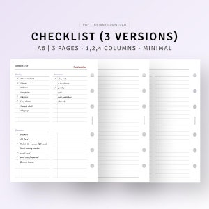 May include: A printable checklist for travel planning with three versions: one column, two columns, and four columns. The checklist includes sections for clothing, accessories, travel packing, and documents.
