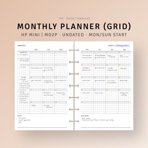 May include: A monthly planner with a grid layout. The planner is undated and has a Monday/Sunday start. The planner is designed for a HP Mini MO2P.